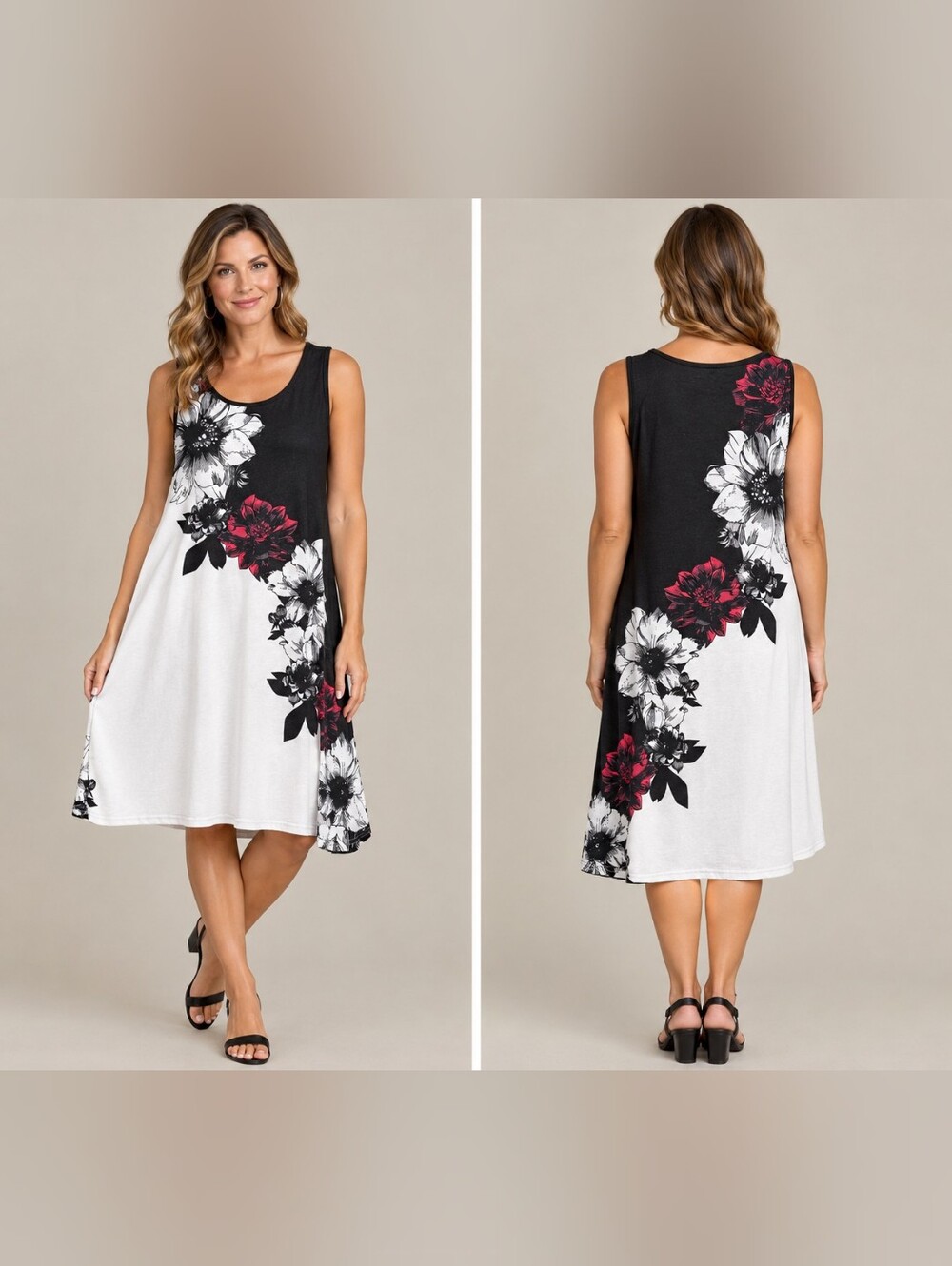 Sleeveless Black & White Floral A-Line Dress with Pink Accents